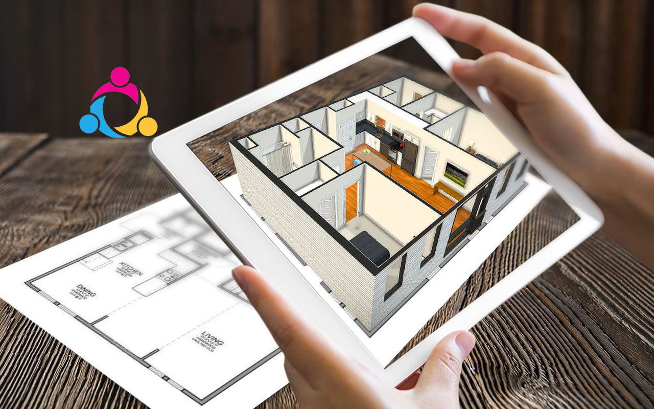 AR-afbeelding van een huisplan bekeken via een tablet