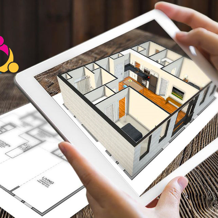 AR-afbeelding van een huisplan bekeken via een tablet