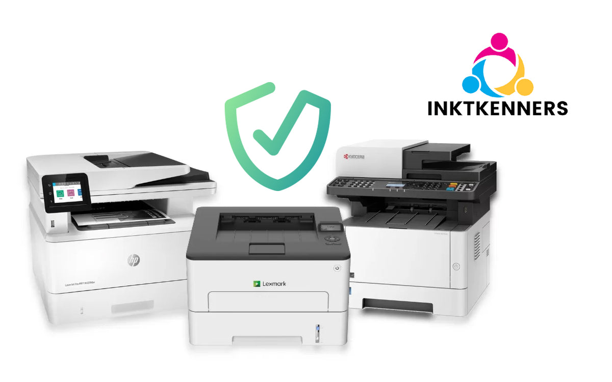 Drie printers van verschillende merken met het pictogram van een garantie