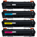 Vier gekleurde huismerk toner cartridges compatibel met HP 216A, inclusief zwart, cyaan, geel en magenta, opgesteld naast elkaar tegen een witte achtergrond op Inktkenners.nl